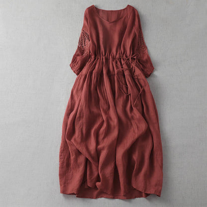 Buddha Stones Embroidery Patchwork Long Puff Sleeve Drawstring Midi Dress With Pockets