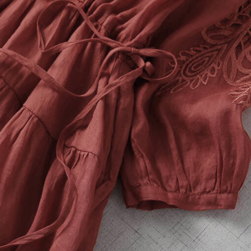 Buddha Stones Embroidery Patchwork Long Puff Sleeve Drawstring Midi Dress With Pockets