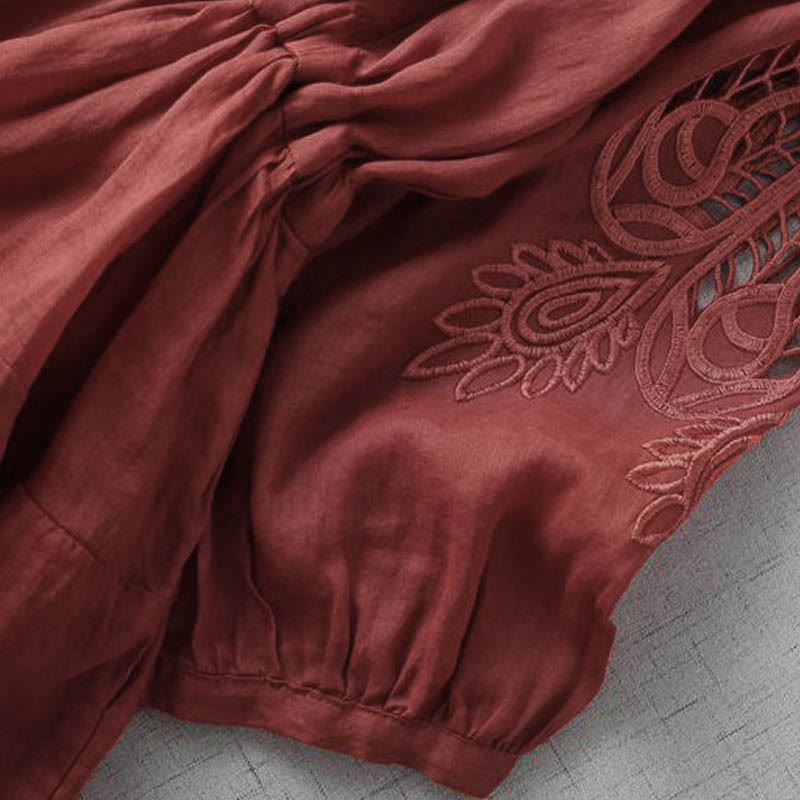 Buddha Stones Embroidery Patchwork Long Puff Sleeve Drawstring Midi Dress With Pockets