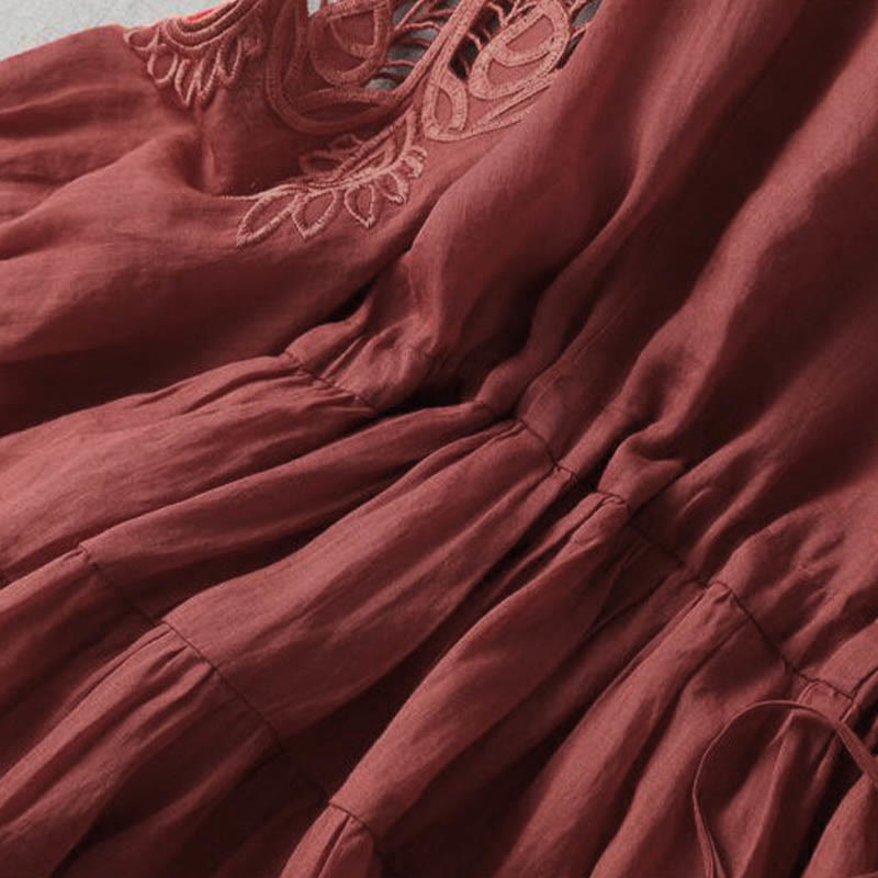 Buddha Stones Embroidery Patchwork Long Puff Sleeve Drawstring Midi Dress With Pockets