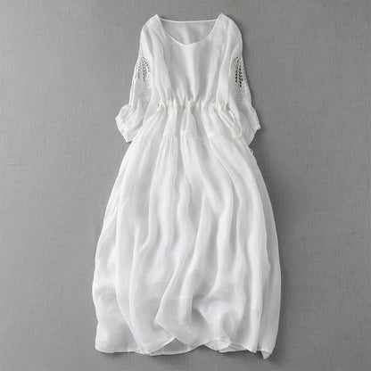 Buddha Stones Embroidery Patchwork Long Puff Sleeve Drawstring Midi Dress With Pockets