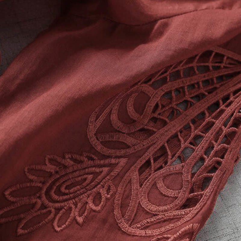 Buddha Stones Embroidery Patchwork Long Puff Sleeve Drawstring Midi Dress With Pockets
