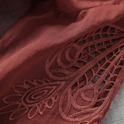 Buddha Stones Embroidery Patchwork Long Puff Sleeve Drawstring Midi Dress With Pockets