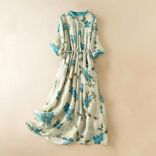 Buddha Stones Half Sleeve Color Contrast Floral Pattern Midi Dress With Pockets
