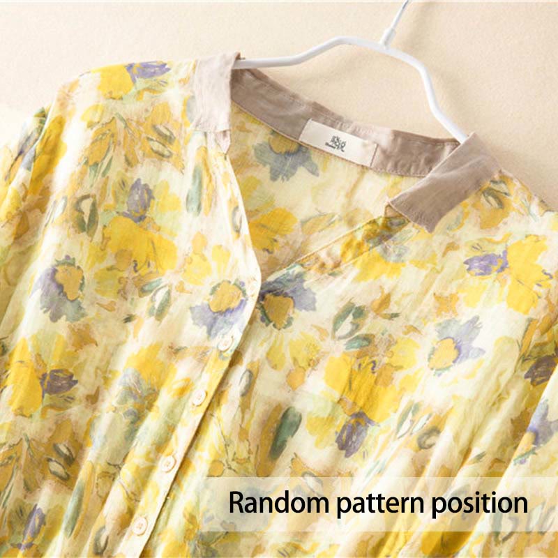 Buddha Stones Half Sleeve Color Contrast Floral Pattern Midi Dress With Pockets