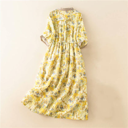 Buddha Stones Half Sleeve Color Contrast Floral Pattern Midi Dress With Pockets