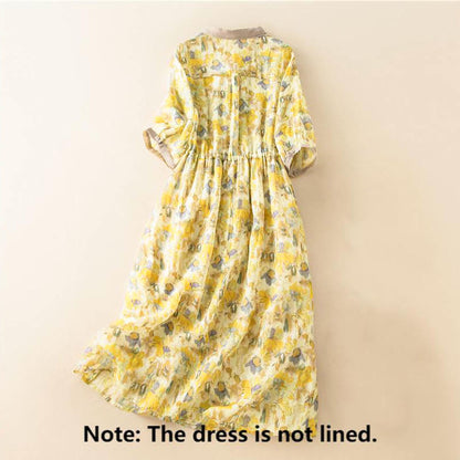 Buddha Stones Half Sleeve Color Contrast Floral Pattern Midi Dress With Pockets