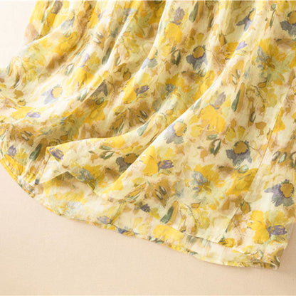 Buddha Stones Half Sleeve Color Contrast Floral Pattern Midi Dress With Pockets