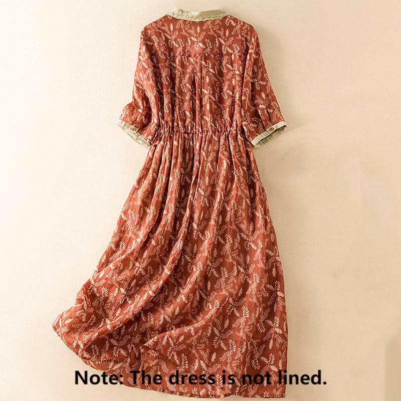 Buddha Stones Half Sleeve Color Contrast Floral Pattern Midi Dress With Pockets