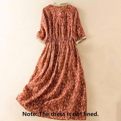 Buddha Stones Half Sleeve Color Contrast Floral Pattern Midi Dress With Pockets