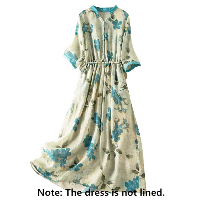 Buddha Stones Half Sleeve Color Contrast Floral Pattern Midi Dress With Pockets