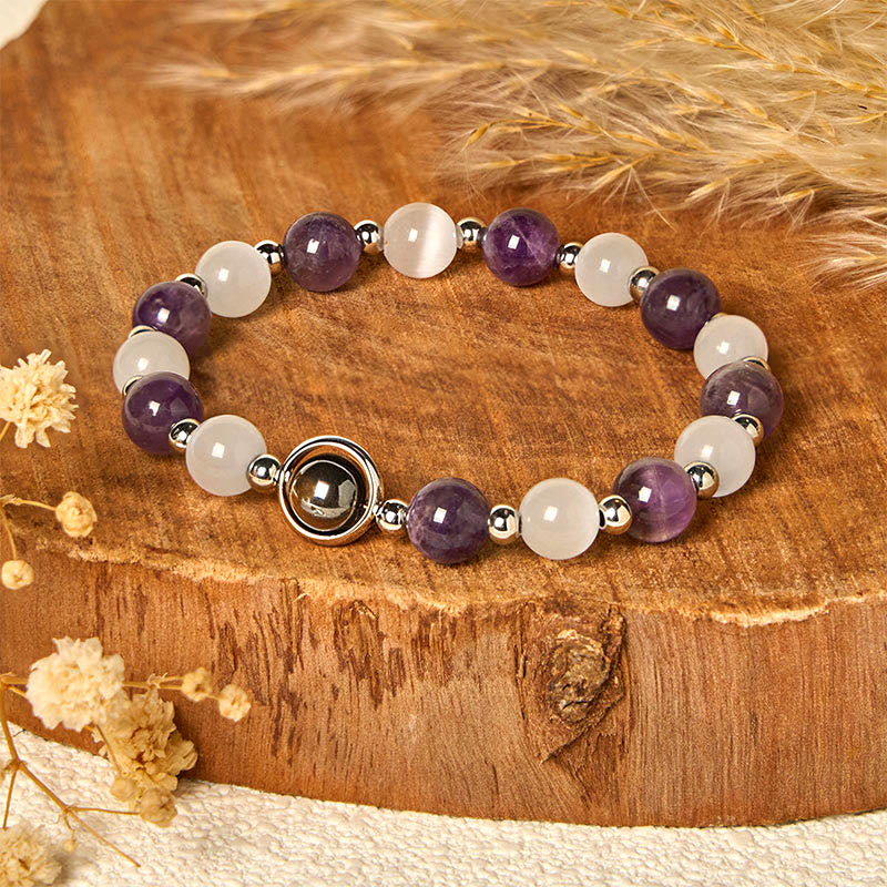 Buddha Stones Natural Amethyst White Cat's Eye Beads Balance Bracelet