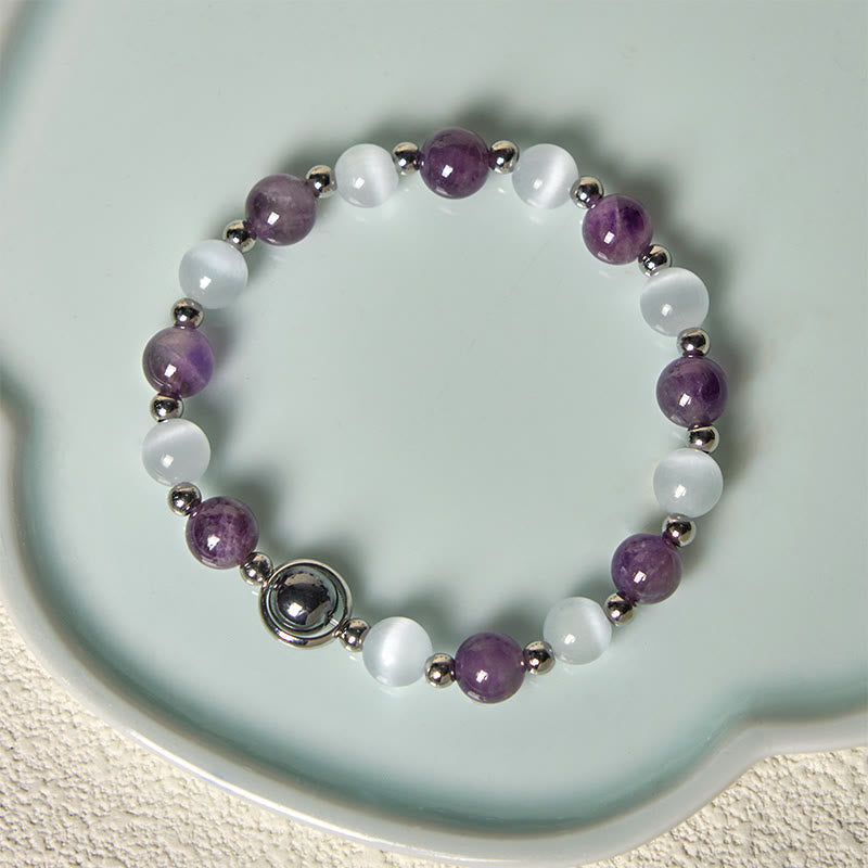 Buddha Stones Natural Amethyst White Cat's Eye Beads Balance Bracelet