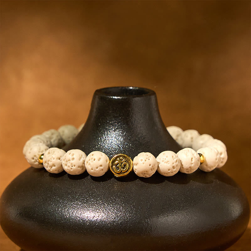 Buddha Stones White Lava Rock Om Symbol Healing Calm Bracelet