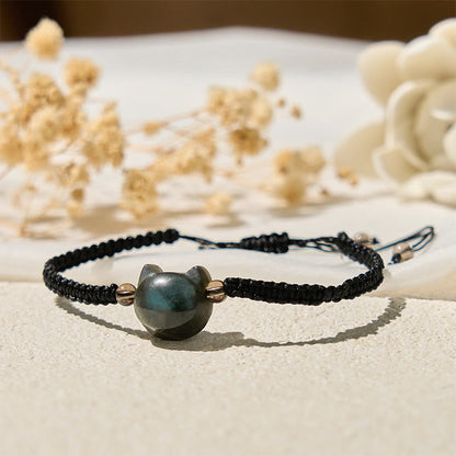 Buddha Stones Natural Labradorite Cute Cat Head Black Rope Healing Bracelet
