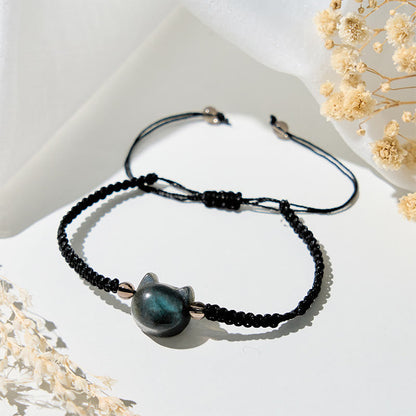 Buddha Stones Natural Labradorite Cute Cat Head Black Rope Healing Bracelet