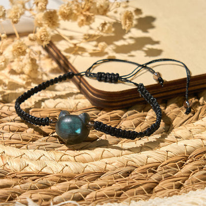 Buddha Stones Natural Labradorite Cute Cat Head Black Rope Healing Bracelet