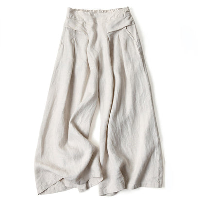 Buddha Stones Plain Color Cotton Linen High Waist Wide Leg Pants With Pockets