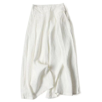 Buddha Stones Plain Color Cotton Linen High Waist Wide Leg Pants With Pockets