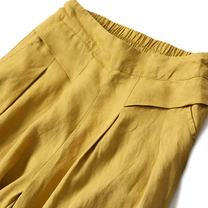 Buddha Stones Plain Color Cotton Linen High Waist Wide Leg Pants With Pockets