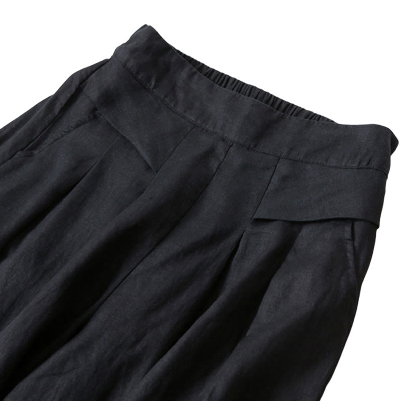 Buddha Stones Plain Color Cotton Linen High Waist Wide Leg Pants With Pockets