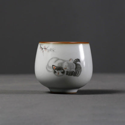 Buddha Stones Cute Cat Branches Teacup Kung Fu Tea Cup With Gift Box