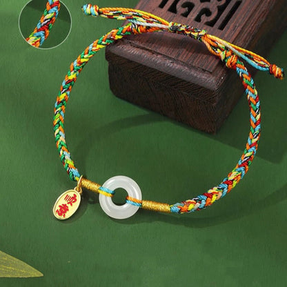 Buddha Stones Handmade Peace Buckle Jade Prosperity 925 Sterling Silver Colorful Rope Bracelet