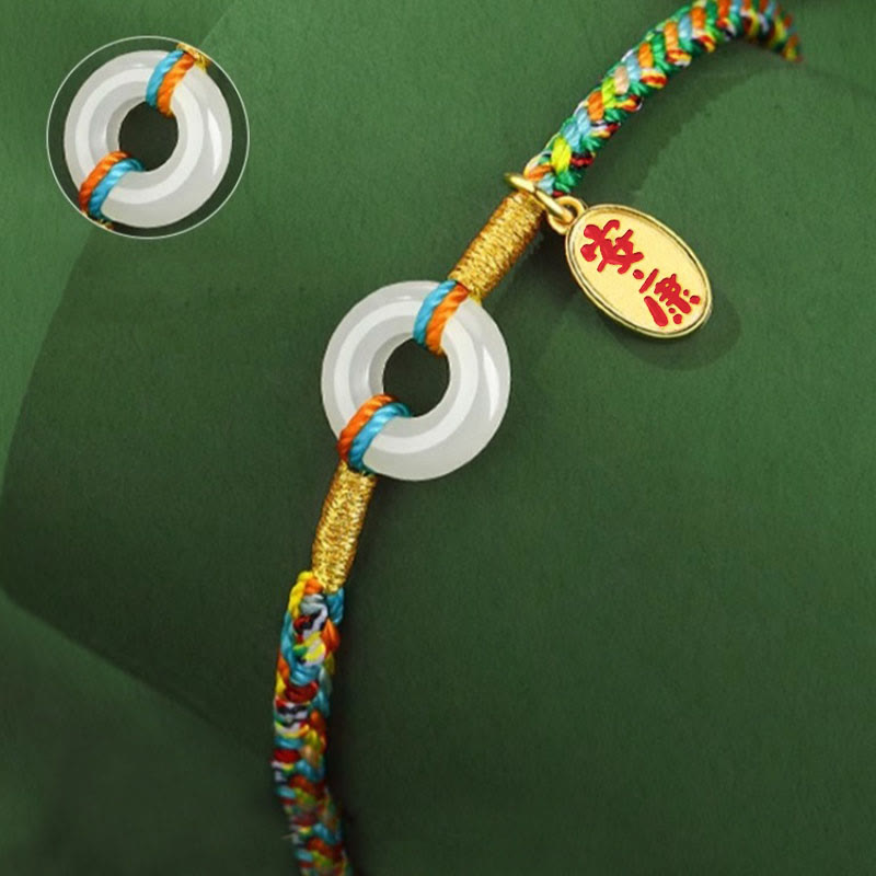 Buddha Stones Handmade Peace Buckle Jade Prosperity 925 Sterling Silver Colorful Rope Bracelet