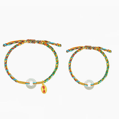 Buddha Stones Handmade Peace Buckle Jade Prosperity 925 Sterling Silver Colorful Rope Bracelet