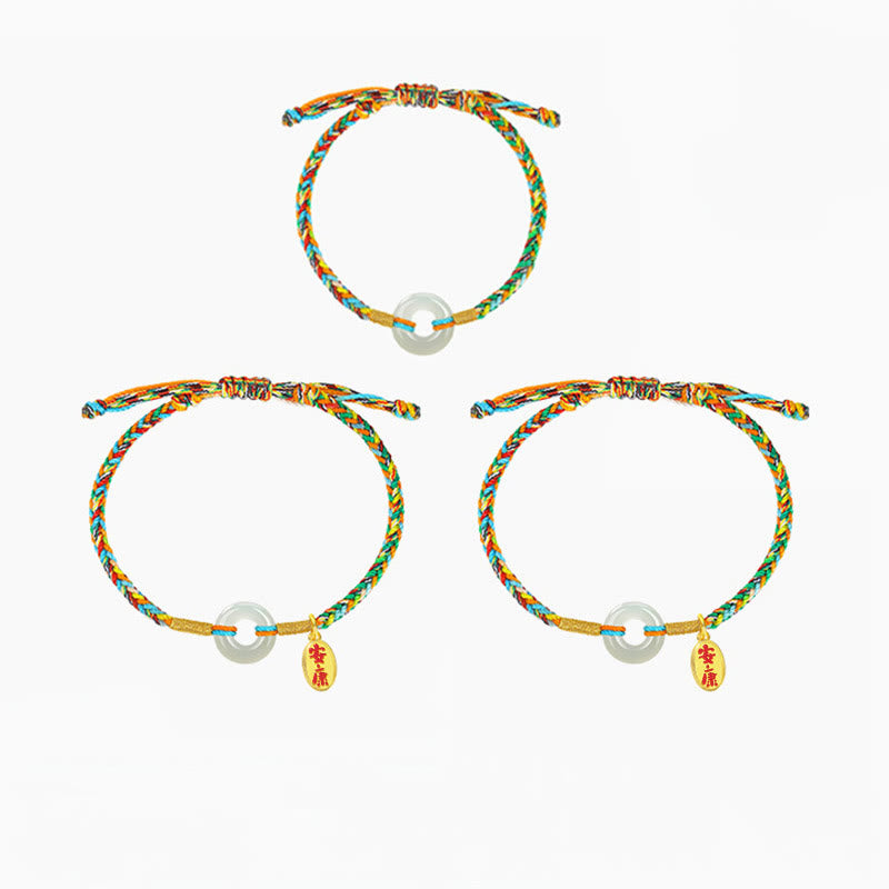 Buddha Stones Handmade Peace Buckle Jade Prosperity 925 Sterling Silver Colorful Rope Bracelet