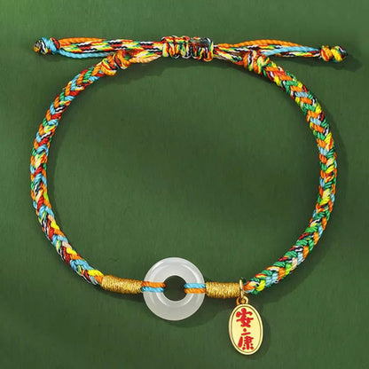 Buddha Stones Handmade Peace Buckle Jade Prosperity 925 Sterling Silver Colorful Rope Bracelet