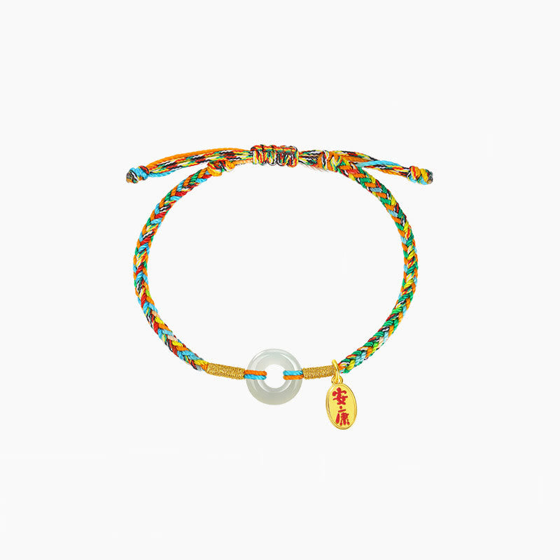 Buddha Stones Handmade Peace Buckle Jade Prosperity 925 Sterling Silver Colorful Rope Bracelet