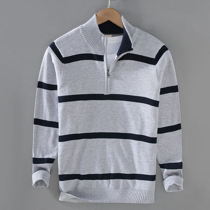 Buddha Stones Color Contrast Striped Half Zipper Design Cotton Men's Long Sleeve Sweater