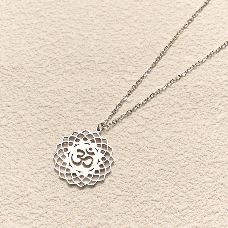 Buddha Stones Hollow Lotus Design Om Symbol Stainless Steel Connection Necklace Pendant