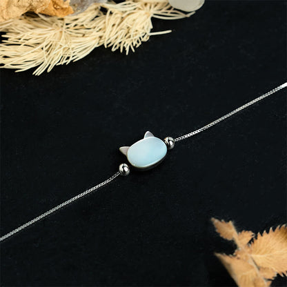 Buddha Stones 925 Sterling Silver Tridacna Stone Cat Head Blessing Chain Bracelet