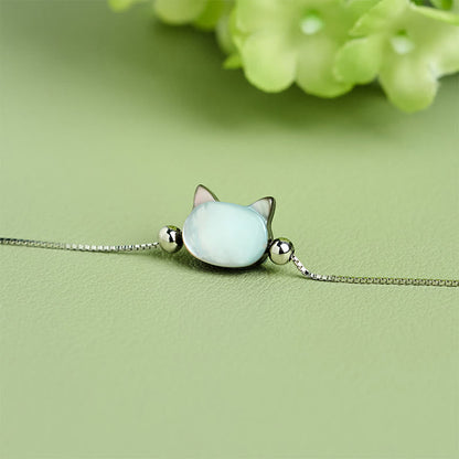 Buddha Stones 925 Sterling Silver Tridacna Stone Cat Head Blessing Chain Bracelet