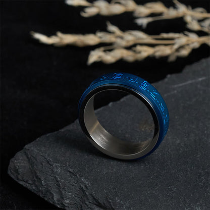 Buddha Stones Tibetan Scriptures Blue Pharmacist Mantra Titanium Steel Spinner Balance Ring