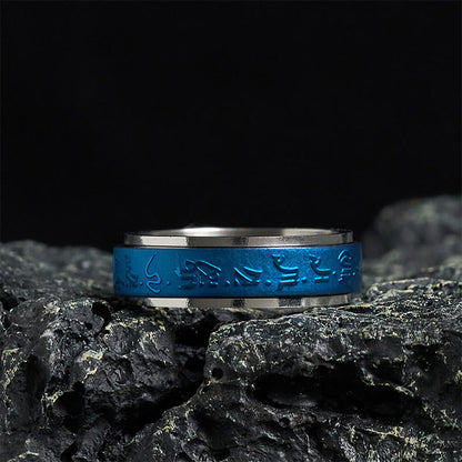 Buddha Stones Tibetan Scriptures Blue Pharmacist Mantra Titanium Steel Spinner Balance Ring