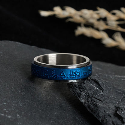 Buddha Stones Tibetan Scriptures Blue Pharmacist Mantra Titanium Steel Spinner Balance Ring