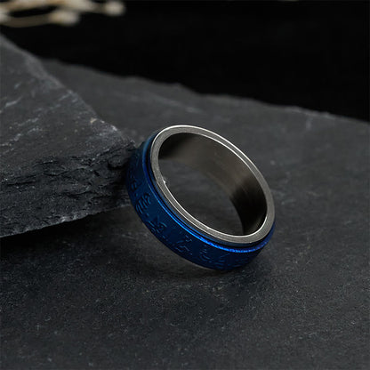 Buddha Stones Tibetan Scriptures Blue Pharmacist Mantra Titanium Steel Spinner Balance Ring
