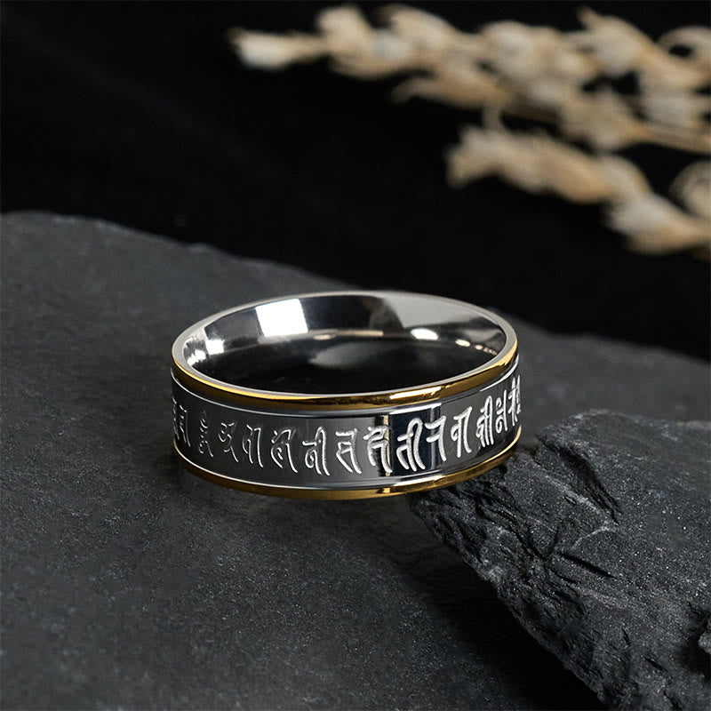 Buddha Stones Tibetan Scriptures Shurangama Mantra Titanium Steel Spinner Balance Ring