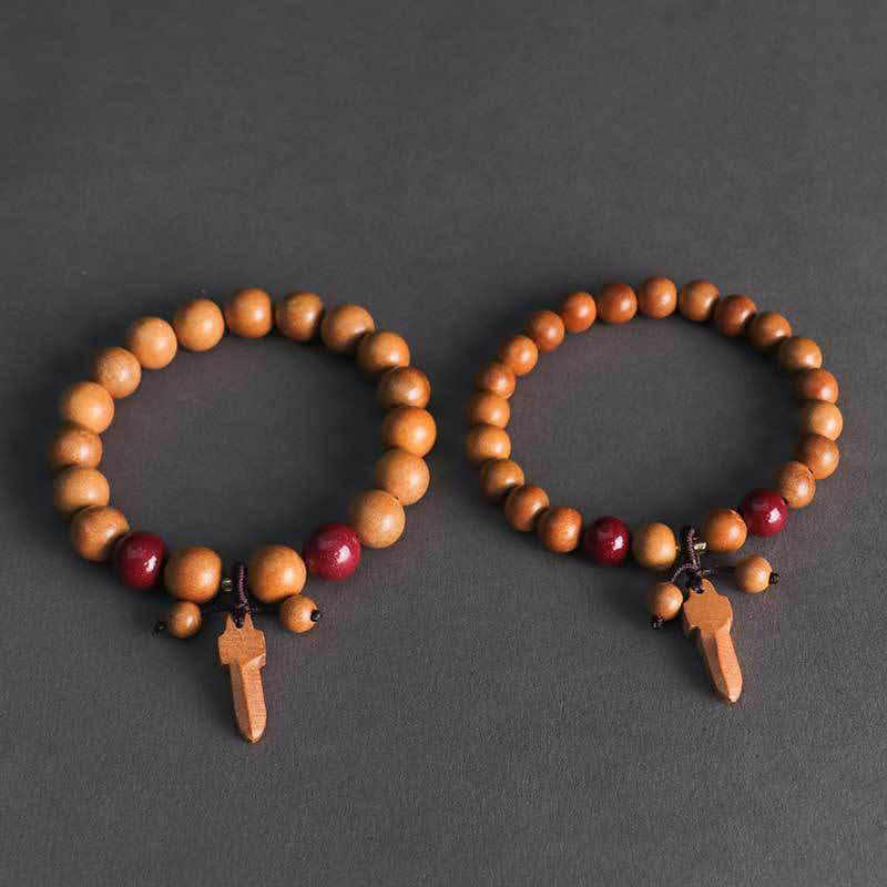 Buddha Stones Peach Wood Cinnabar Sword Charm Wealth Bracelet