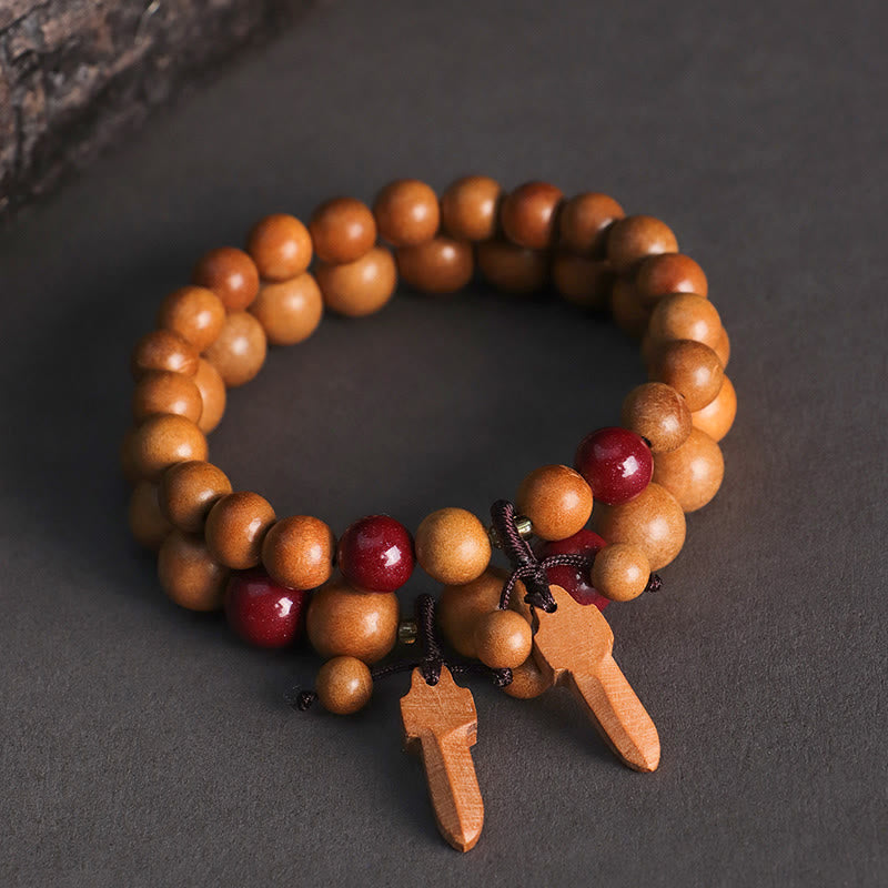 Buddha Stones Peach Wood Cinnabar Sword Charm Wealth Bracelet