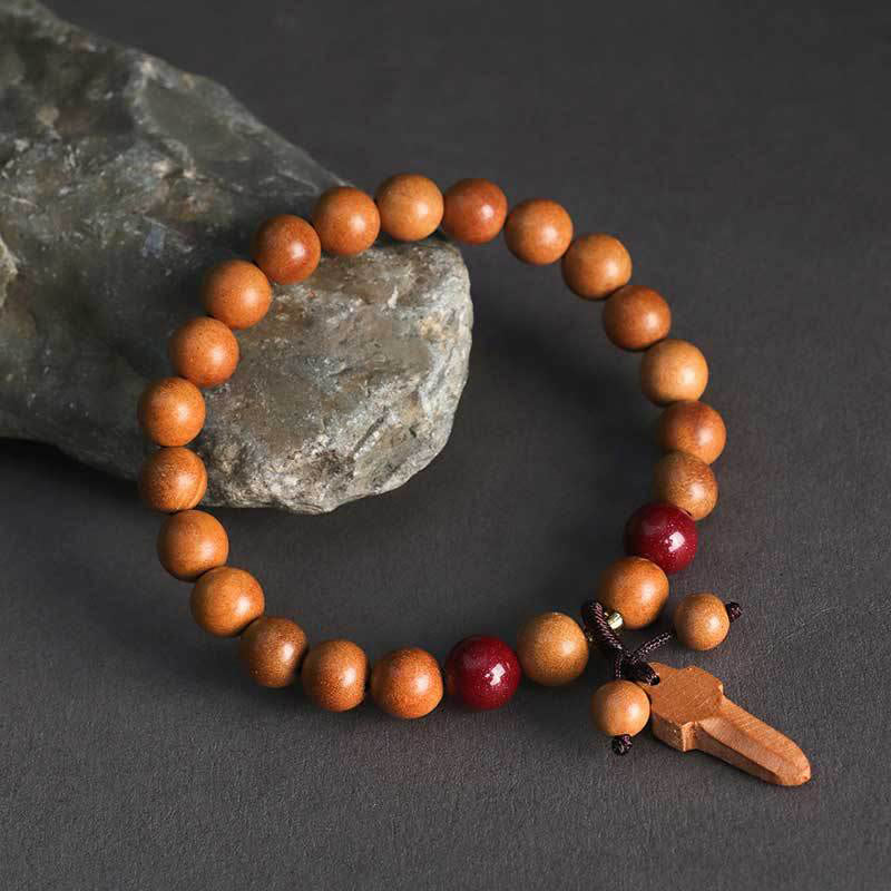 Buddha Stones Peach Wood Cinnabar Sword Charm Wealth Bracelet