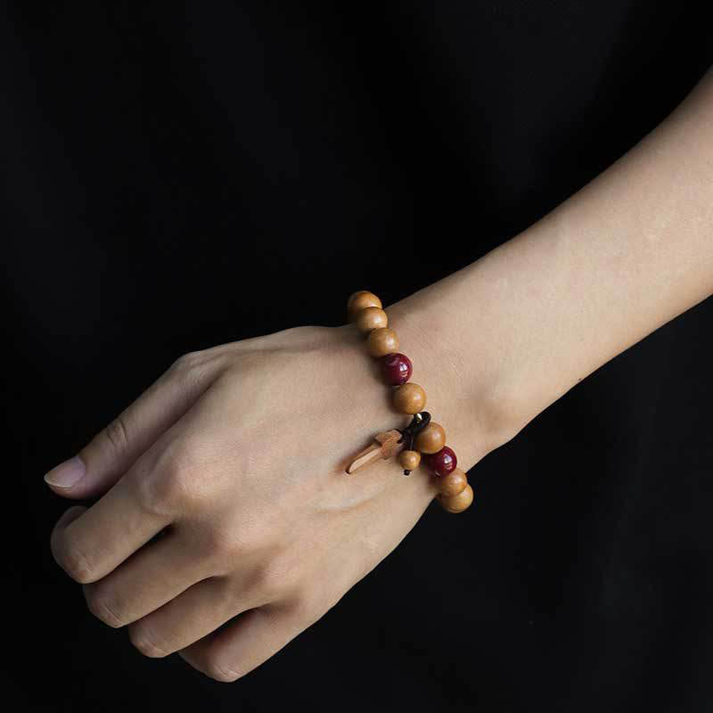 Buddha Stones Peach Wood Cinnabar Sword Charm Wealth Bracelet