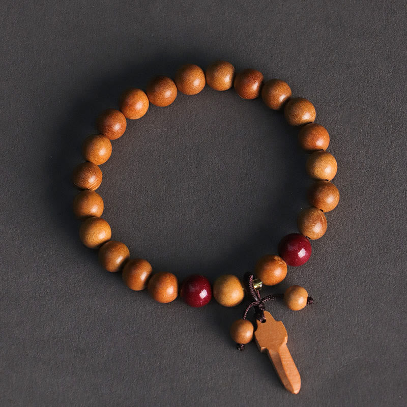 Buddha Stones Peach Wood Cinnabar Sword Charm Wealth Bracelet