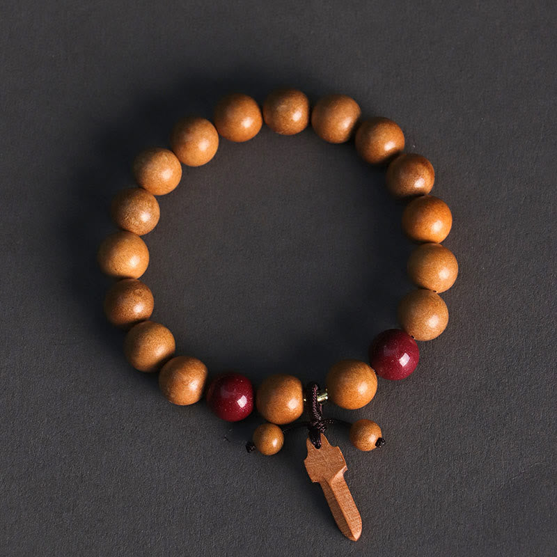 Buddha Stones Peach Wood Cinnabar Sword Charm Wealth Bracelet