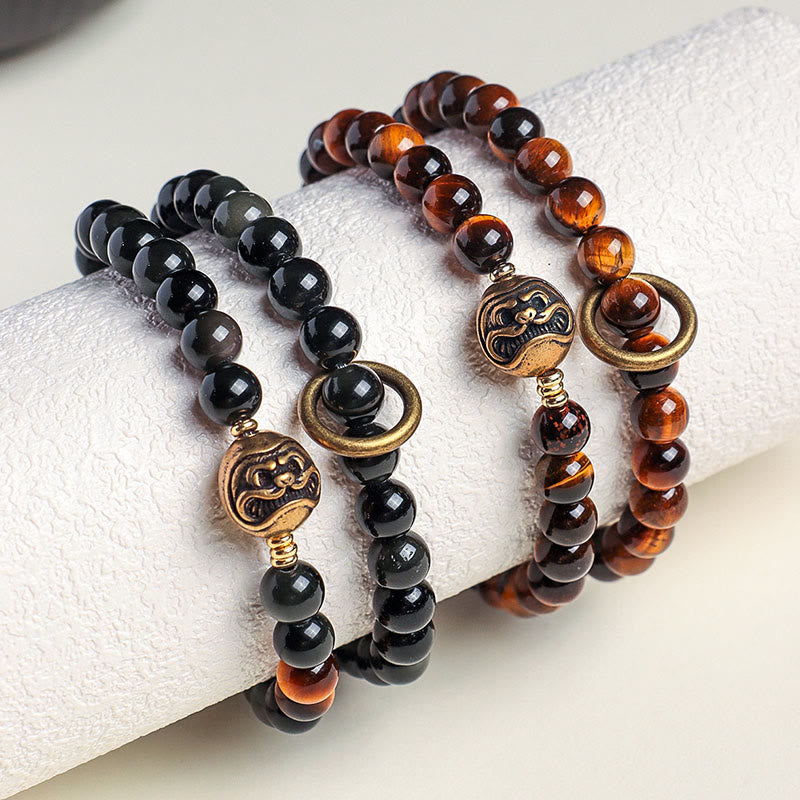 Buddha Stones Tibetan Black Obsidian Tiger Eye Copper Double Wrap Strength Bracelet