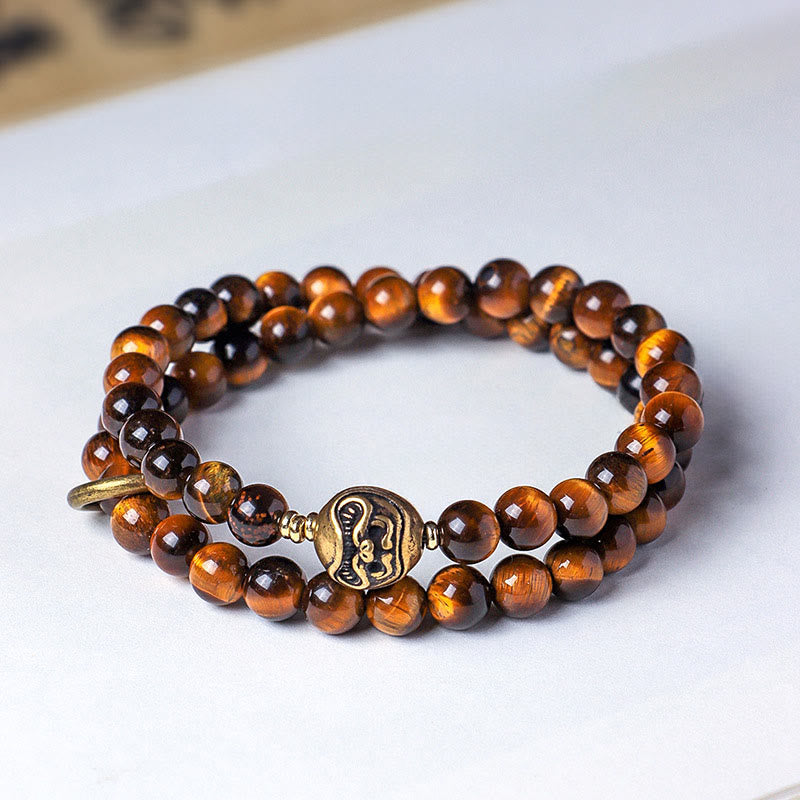 Buddha Stones Tibetan Black Obsidian Tiger Eye Copper Double Wrap Strength Bracelet