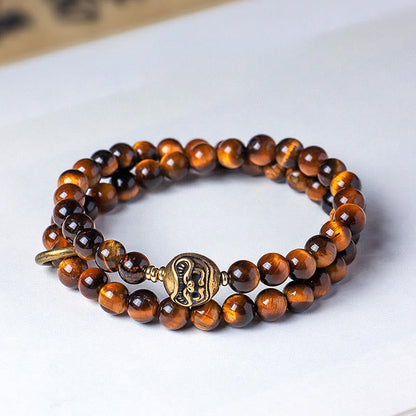Buddha Stones Tibetan Black Obsidian Tiger Eye Copper Double Wrap Strength Bracelet